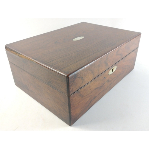 333 - A wooden travel box with 4 various glass pots. Interior lid detached.  30 x 22 x 12cm approx#337