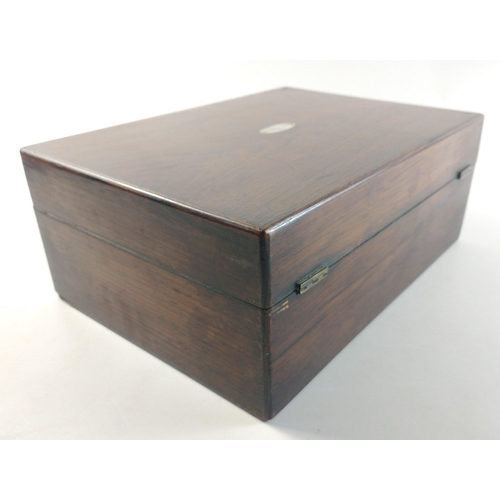 333 - A wooden travel box with 4 various glass pots. Interior lid detached.  30 x 22 x 12cm approx#337