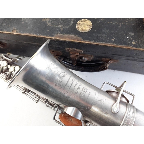 349 - Saxophone.  Rare Vintage ALEX BURNS SIOMA Paris saxophone in case with Burns label. Includes stand. ... 