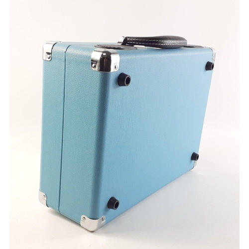 366 - A modern 1-by-one portable record player in sky blue carry case.  With mains cable in excellent cond... 