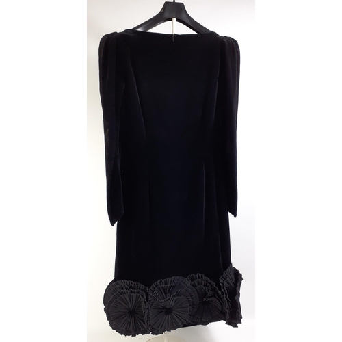 423 - Stand out at the Christmas party in this LOUIS FERAUD lined black velvet cocktail dress with 7 roset... 