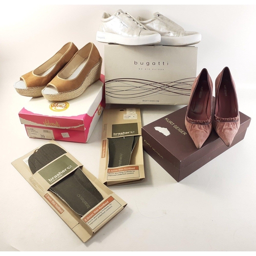 458 - Three pairs of ladies shoes by BUGATTI silver trainers (38), KURT GEIGER high heeled court shoes (39... 