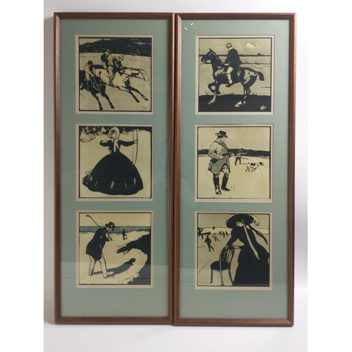 492 - Four framed triptych black and white prints of old sporting themes to include archery, hunting, fish... 