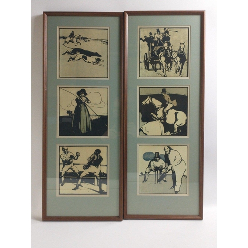 492 - Four framed triptych black and white prints of old sporting themes to include archery, hunting, fish... 