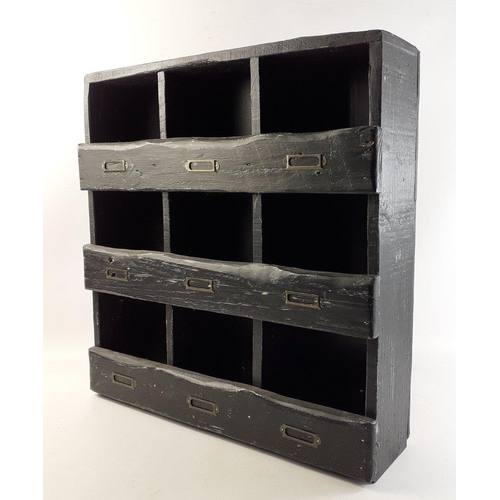 555 - NICELY DISTRESSED! A nine compartment wooden storage shelving unit, probably homemade.  Stands H50 x... 