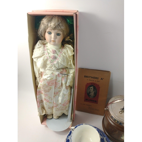 571 - A mixed lot to include a collectable doll on stand 42cm high approx, an antique biscuit barrel, 2 an... 