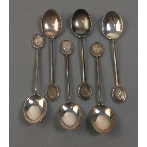 65 - Six silver hallmarked golfing spoons, Sheffield 1957, each 10cm long approx, weight 62g approx. Pres... 