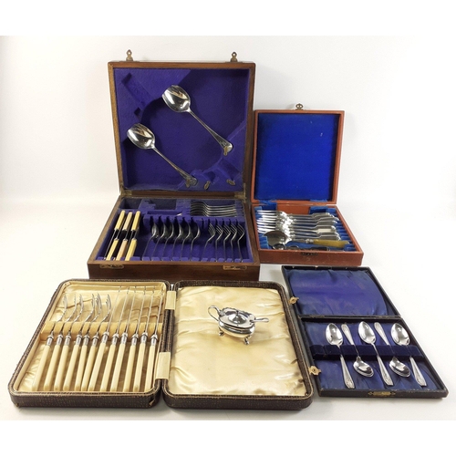 77 - A collection of silver plate cutlery to include a set of 6 fish knives and forks, boxed set of 5 tea... 