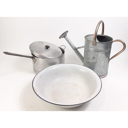 85 - A large enamel basin 40cm diameter, large lidded saucepan (26cm), Moulton Mill watering can#85