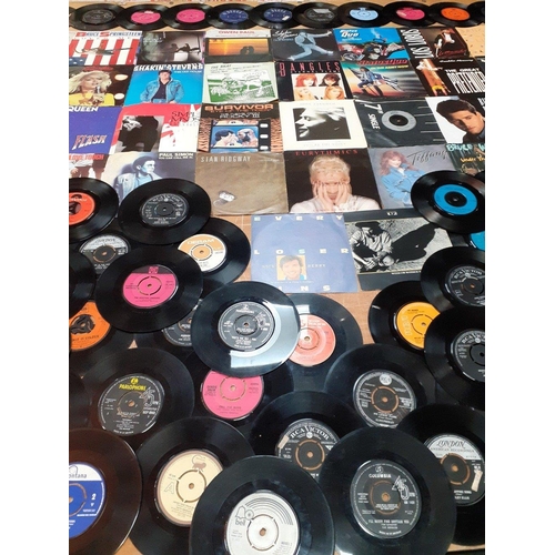 363 - A selection of 45 RPM single vinyl records. Most in sleeves, mainly 1980s.  Blondie, Feargal Sharkey... 