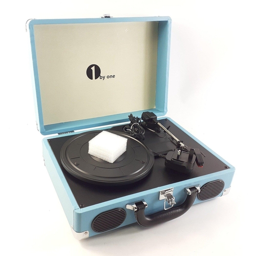 366 - A modern 1-by-one portable record player in sky blue carry case.  With mains cable in excellent cond... 