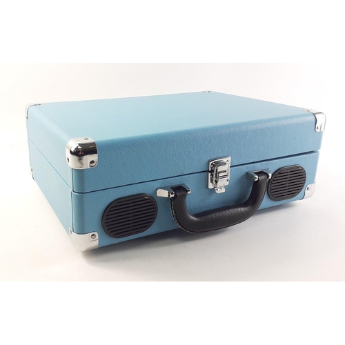 366 - A modern 1-by-one portable record player in sky blue carry case.  With mains cable in excellent cond... 