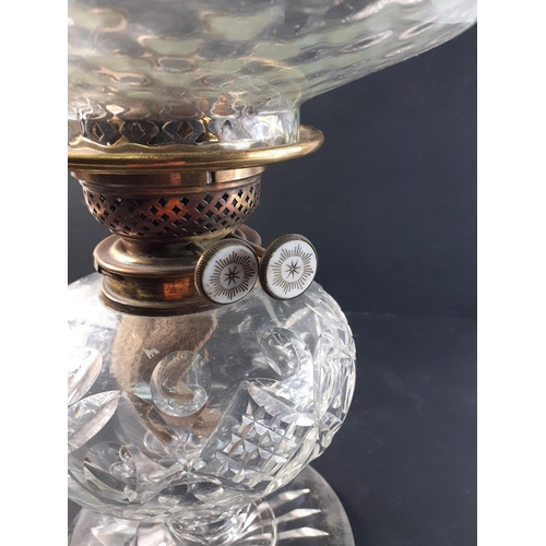 199 - Squat cut glass oil lamp with shade, unbranded. Height with shade: 45cm approx#199