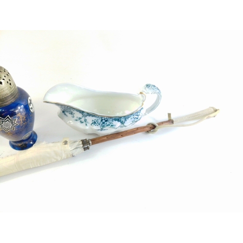 495 - A small mixed lot to include a small oil lamp, urn shaped sugar shifter (18cm tall), a blue and whit... 