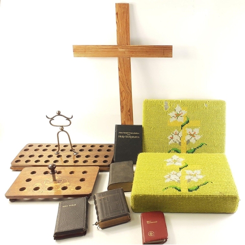 196 - Church memorabilia to include 2 vintage wooden communion wine trays (42x18 and 31x18cm approx) one w... 