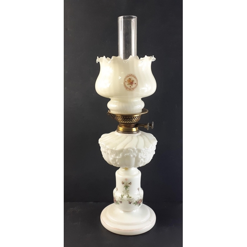 198 - ANTIQUE - Opaque white glass oil lamp, with opaline glass shade and chimney. Height including shade:... 