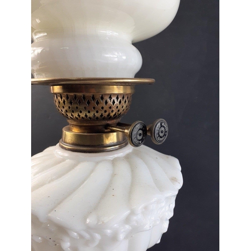 198 - ANTIQUE - Opaque white glass oil lamp, with opaline glass shade and chimney. Height including shade:... 