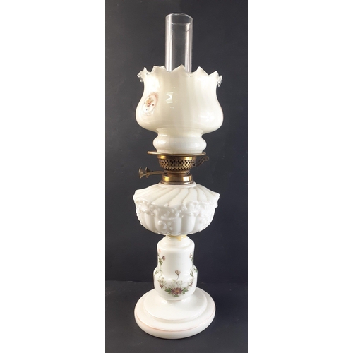 198 - ANTIQUE - Opaque white glass oil lamp, with opaline glass shade and chimney. Height including shade:... 