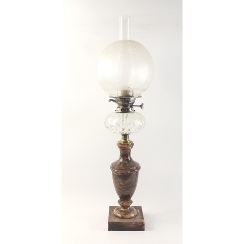 204 - Dark oynx based oil lamp with chimney, glass reservoir and etched glass globe shade. Burner marked 