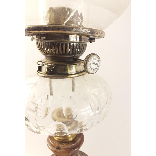 204 - Dark oynx based oil lamp with chimney, glass reservoir and etched glass globe shade. Burner marked 