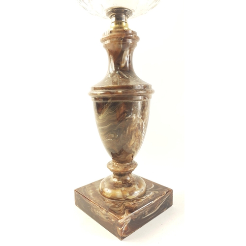 204 - Dark oynx based oil lamp with chimney, glass reservoir and etched glass globe shade. Burner marked 