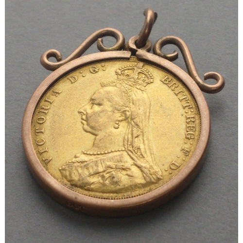 4 - An 1887 Victoria Full Sovereign Gold Coin in 9ct mount.  Total gross weight with mount 9.64g approx#... 