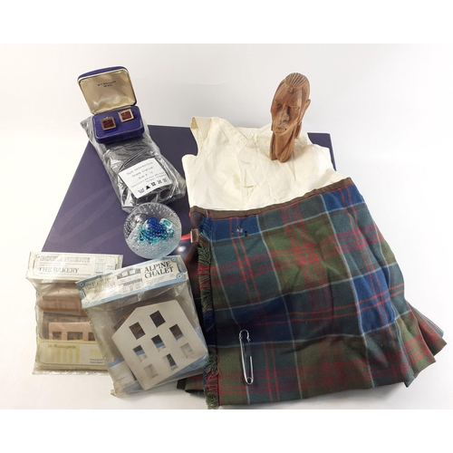 500 - A mixed lot to include a child's kilt with under bodice (kilt 30cm long approx), a glass paperweight... 