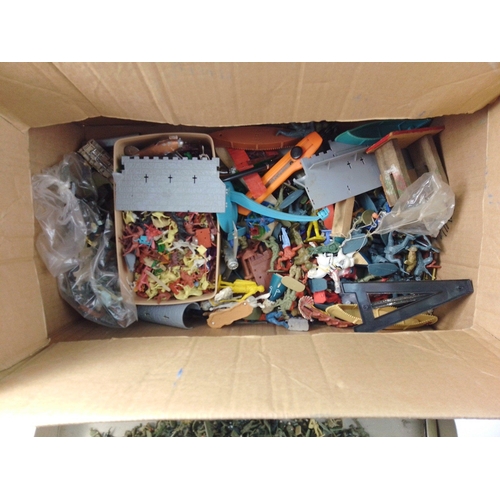 220 - A box containing assorted plastic toy soldiers, some models, WADE whimsies and others.  All with wea... 