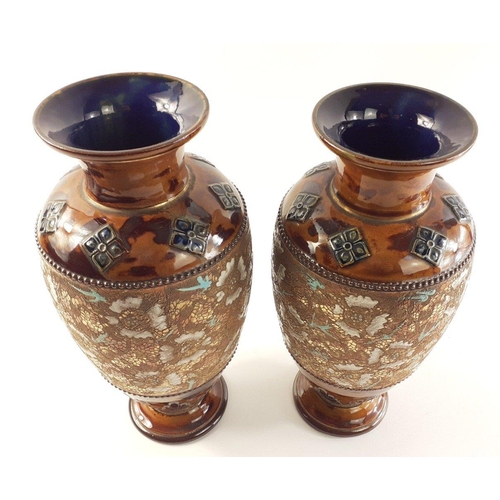 252 - DOULTON & SLATERS stoneware vase pair. Each approx 30cm tall. Both in lovely condition with no c... 