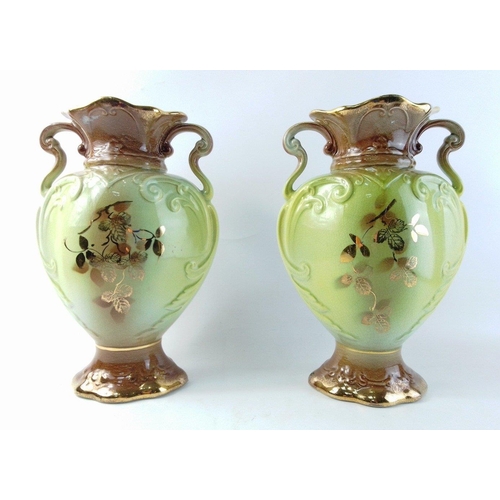 262 - A super pair of DECORATIVE antique Staffordshire floral and gilt vases in good condition. Each stand... 