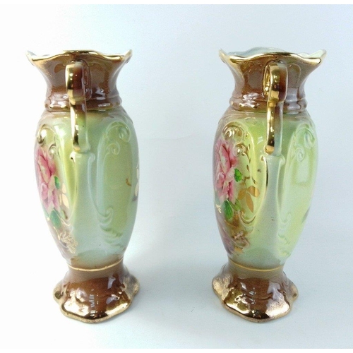 262 - A super pair of DECORATIVE antique Staffordshire floral and gilt vases in good condition. Each stand... 