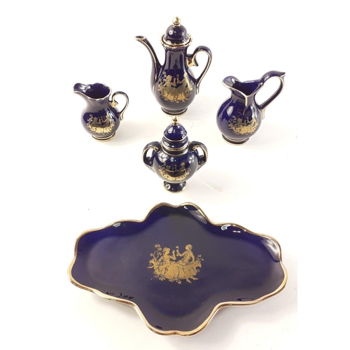 273 - MADE IN CHILE Cobalt Blue gilded 17cm tray with four other miniature pieces to include tea pot, urn ... 