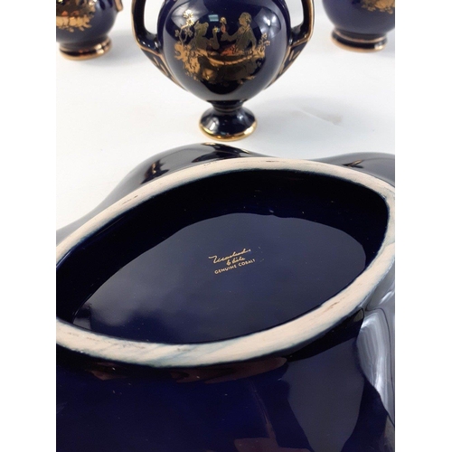 273 - MADE IN CHILE Cobalt Blue gilded 17cm tray with four other miniature pieces to include tea pot, urn ... 