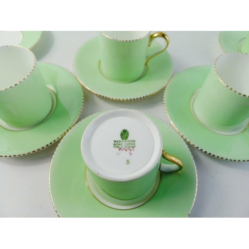 282 - Beautiful WEDGWOOD coffee set in light green colourway comprising coffee pot, five cans and six sauc... 