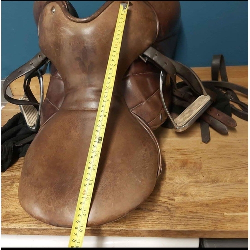 377 - Brown WOW branded leather saddle fully adjustable, with stirrup leathers & irons  - this belonge... 