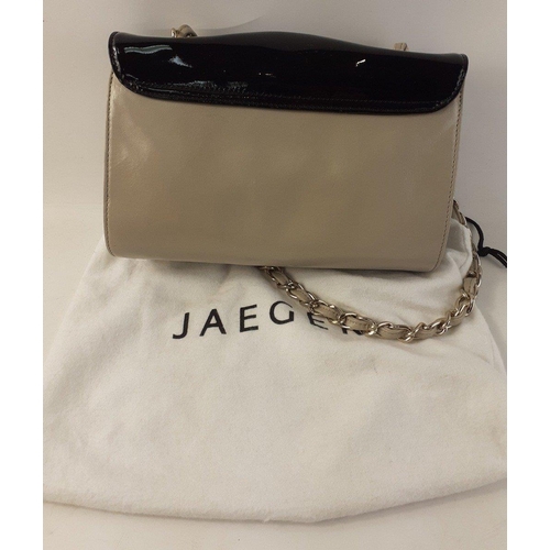 381 - A taupe and black JAEGER handbag with 2 tone strap and soft pouch.  As new condition.#133