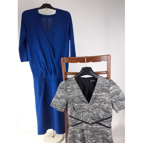 392 - A black and white fully lined dress by KAREN MILLEN, size 10 and a knitted REISS dress in blue with ... 