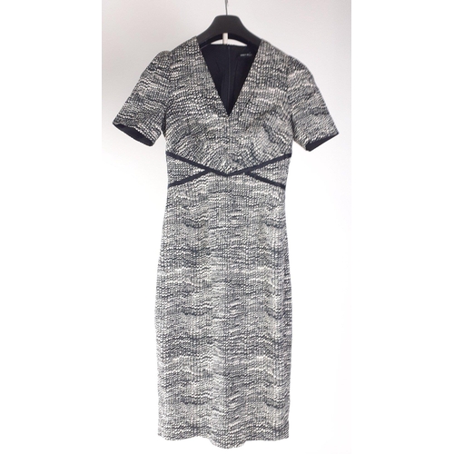 392 - A black and white fully lined dress by KAREN MILLEN, size 10 and a knitted REISS dress in blue with ... 