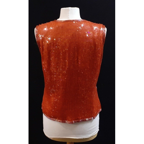 399 - A FRANK USHER sleeveless red sequinned top size medium. 100% silk shell, polyester lining, hand-bead... 