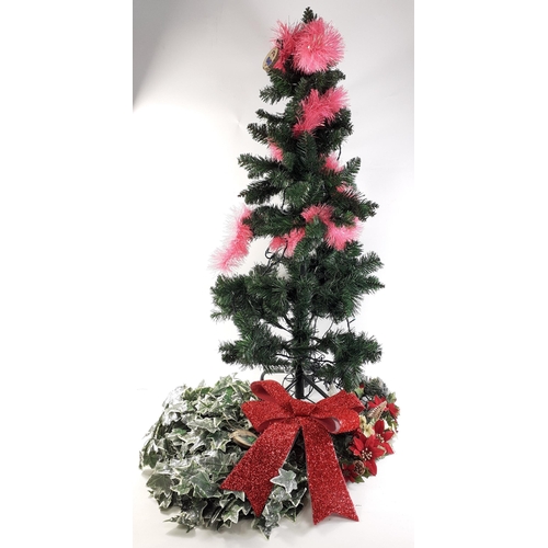 489 - Christmas decorations to include a length of faux ivy, big red sparkly bow and poinsettia and berry ... 