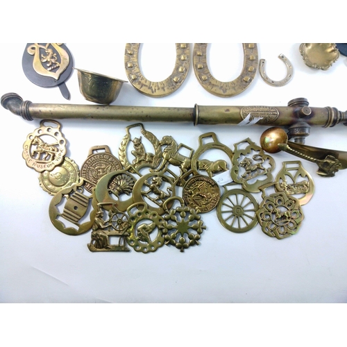 89 - A great lot of horse brasses, a brass garden rose, shoe horn, lucky horse shoes, and others#12