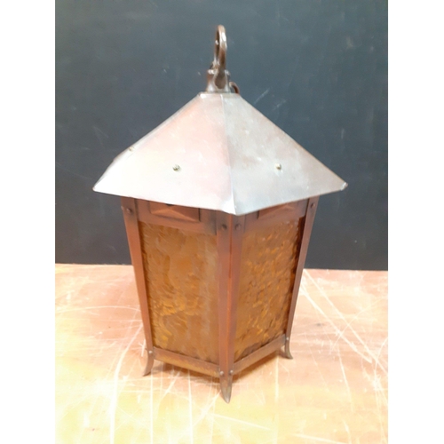 105 - A lovely VINTAGE copper and amber glass electric porch ceiling lamp - quite UNUSUAL - dimensions 32c... 