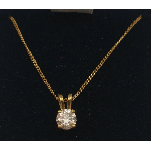 14 - 18ct yellow gold pendant set with a single round brilliant cut  diamond 0.52ct with I colour SI2 cla... 