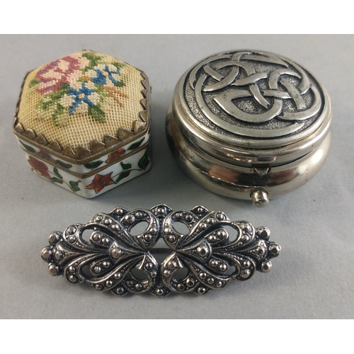 22A - A CELTIC-topped white metal lidded trinket dish 3.5cm diameter approx with a beautiful floral enamel... 