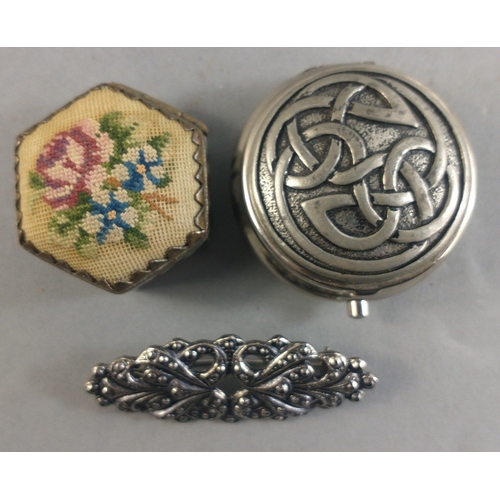 22A - A CELTIC-topped white metal lidded trinket dish 3.5cm diameter approx with a beautiful floral enamel... 