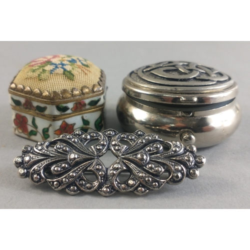 22A - A CELTIC-topped white metal lidded trinket dish 3.5cm diameter approx with a beautiful floral enamel... 