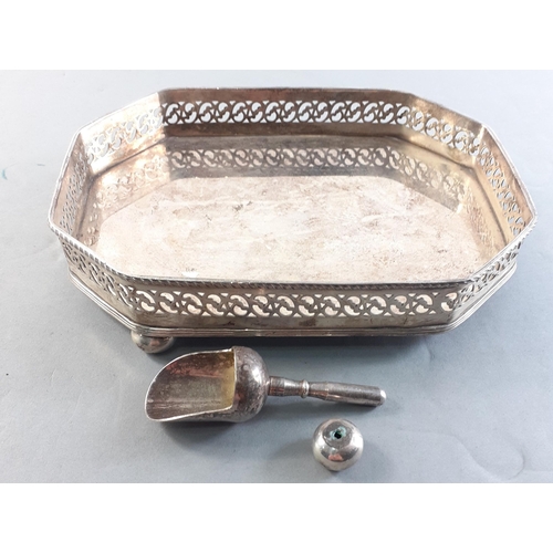 23 - Small pierced side silver plated tray. 18 x 13cm approx. Foot present but detached.  With a small pl... 