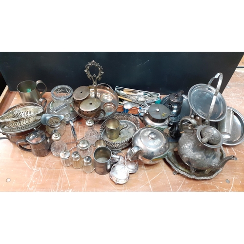 25 - A large collection VINTAGE plateware to include teapots, coffeepots, wine coasters, cutlery, trays, ... 