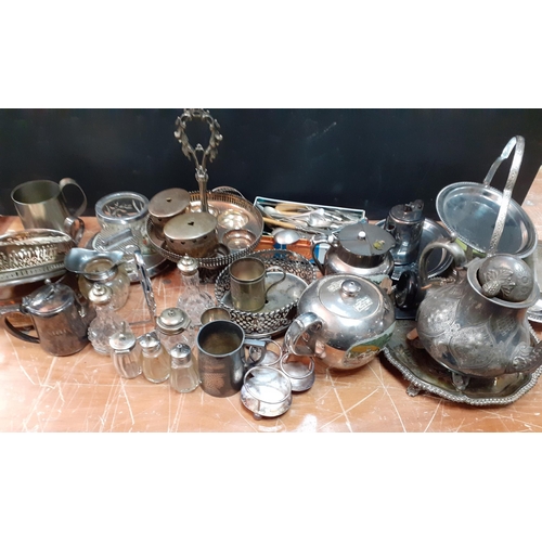 25 - A large collection VINTAGE plateware to include teapots, coffeepots, wine coasters, cutlery, trays, ... 