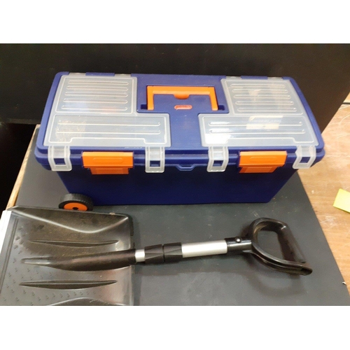 372 - A large KETER plastic toolbox on wheels with various contents including nails, fixings, snow shovel ... 